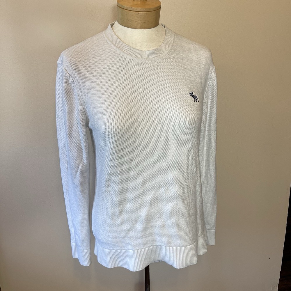 Abercrombie & Fitch White Textured Crewneck Sweater Womens XS Logo Knit Long Slv
